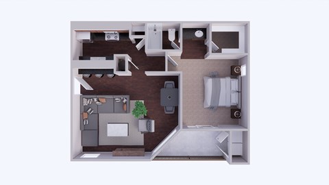 A top-down view of a small apartment with a kitchen, living room, and bathroom.
